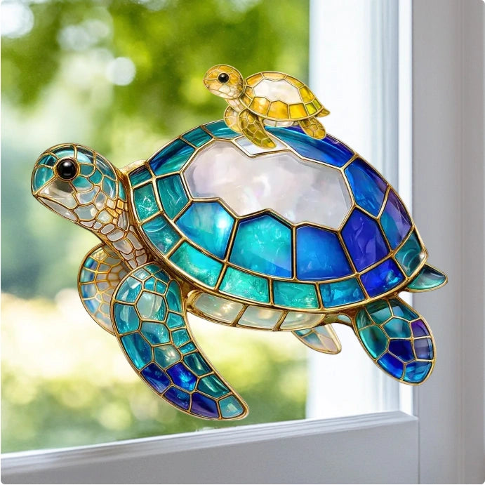 Turtle Stained Glass Mom Grandma - Personalized Window Hanging Suncatcher Ornament
