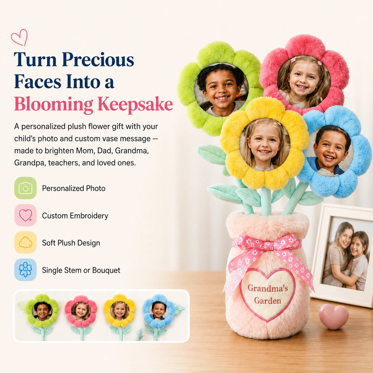 Personalized Plush Photo Flower Bouquet – Custom Face Flowers in an Embroidered Vase