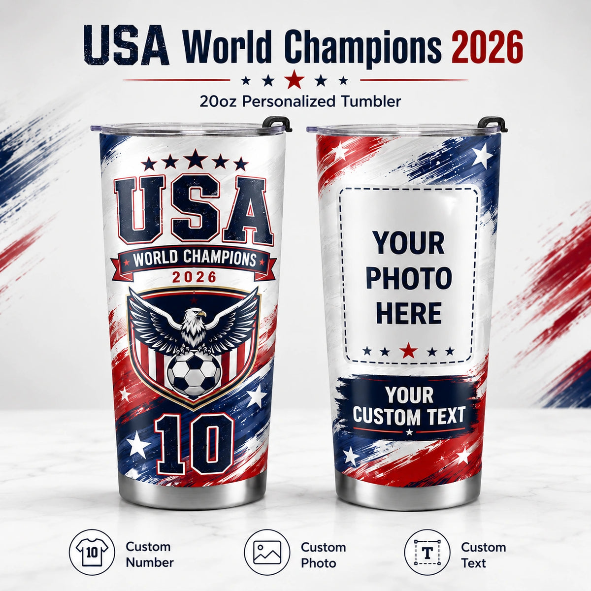 World Cup 2026 Personalized Tumbler – USA Soccer Fan 20oz Stainless Steel Travel Mug