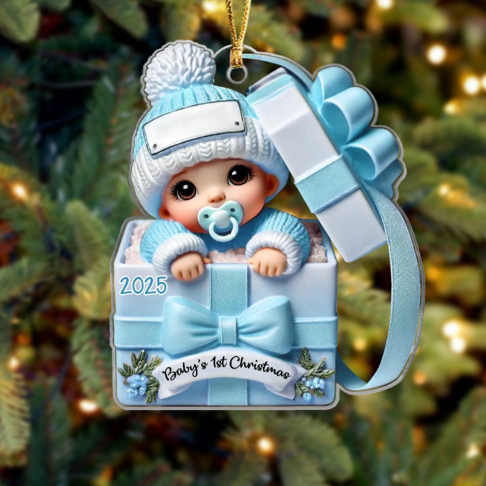 Baby Inside Gift Box 3D Effect Personalized Acrylic Ornament- Gift for Newborn