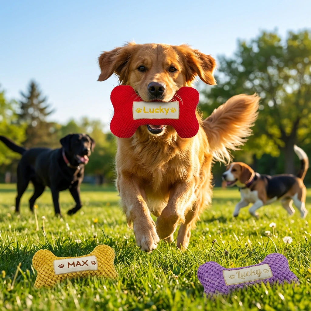 Personalized Dog Bone - Hand-Embroidered Name - Squeaky Toy