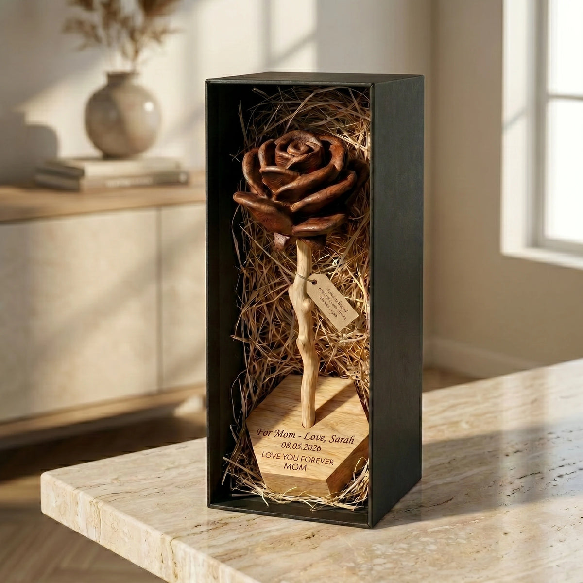 Personalized Wooden Rose Keepsake - Custom Engraved Gift for Her