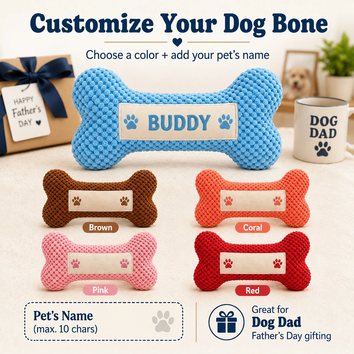 Dog Dad Father's Day Gift — Personalized Squeaky Bone Toy