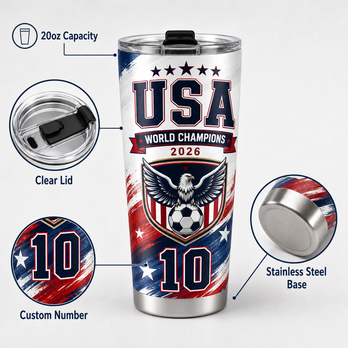 World Cup 2026 Personalized Tumbler – USA Soccer Fan 20oz Stainless Steel Travel Mug