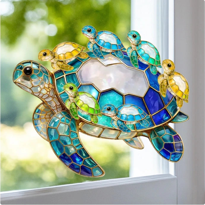Turtle Stained Glass Mom Grandma - Personalized Window Hanging Suncatcher Ornament