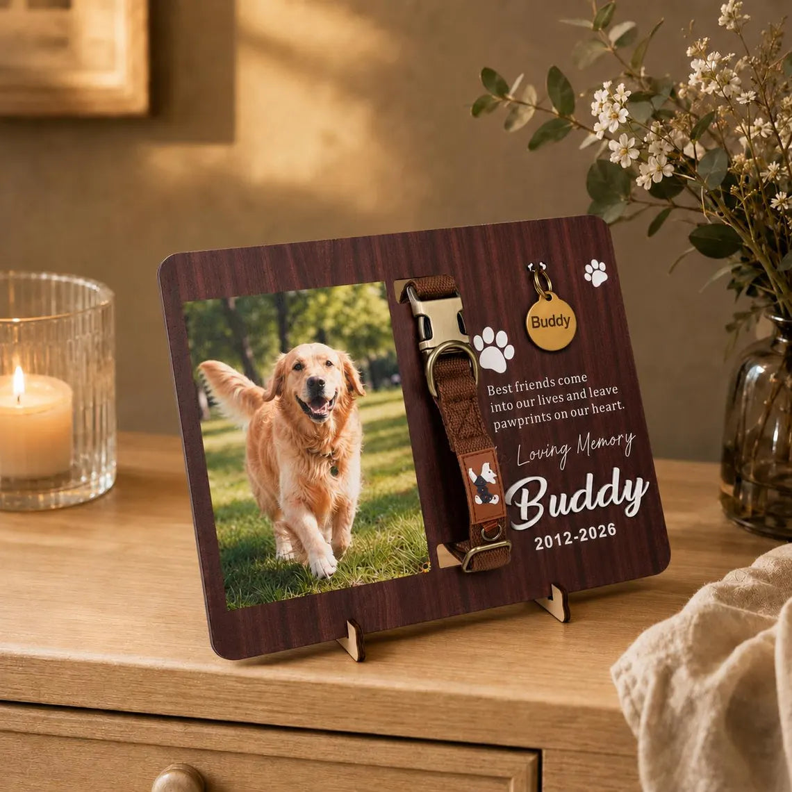 Pet Loss Gift for Dog Cat Lovers, Custom Memorial Wood Frame with Collar Display, Personalized Photo Frame with Name Date,Pet memorial gifts