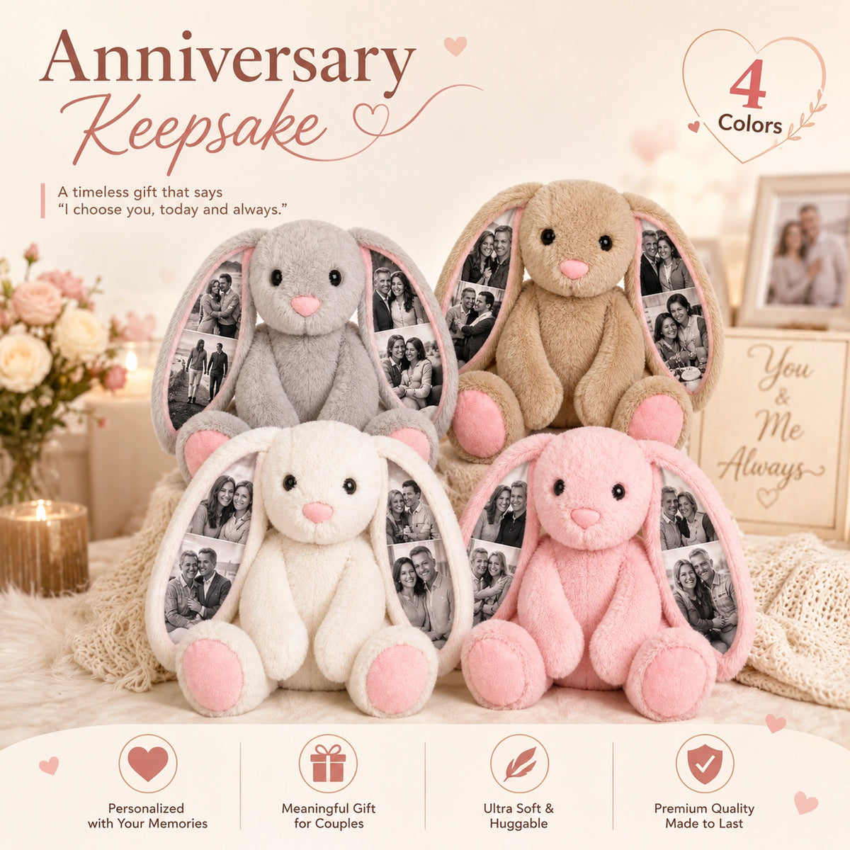 Custom Photo Bunny Plush – Personalized Hidden Ear Picture Bunny Gift for Couples Anniversary