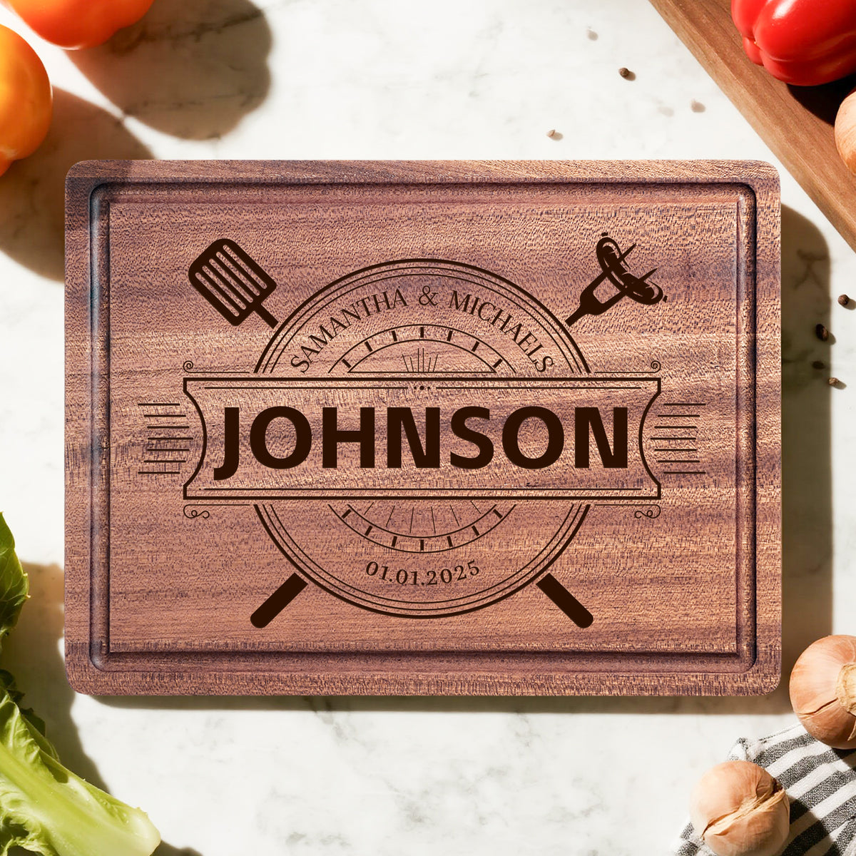 Personalized Wood Cutting Board – Custom Engraved with Names Dates (11x8.3 Inches)