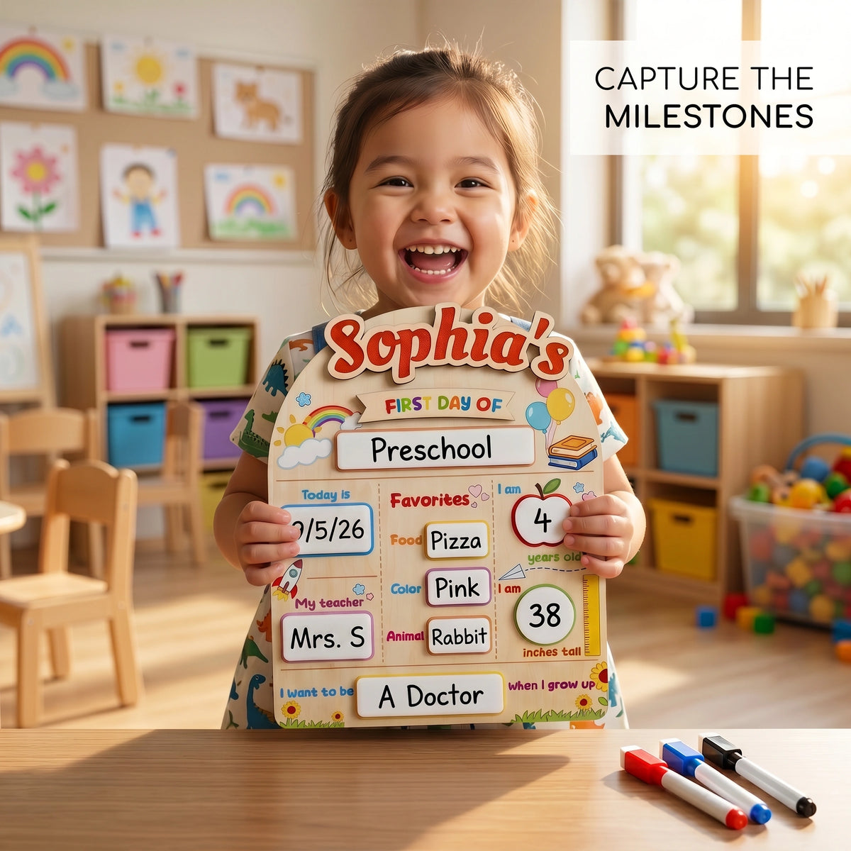 Personalized First Day of School Board, Dry Erase Sign | Custom name, dry erase wood sign, 8 x 10 in, preschool kindergarten photos, 3 markers included