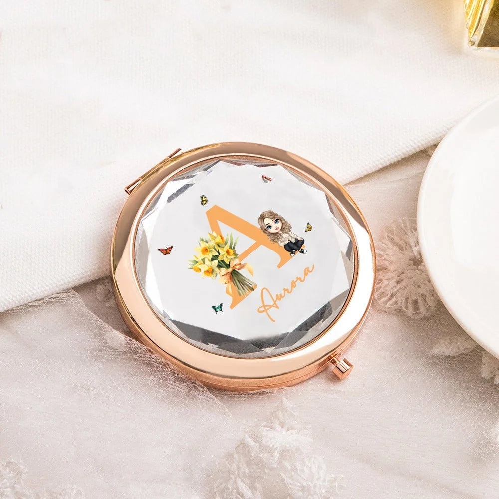 Personalized Makeup Mirror with Cartoon Character, Birth Flower & Name - Ideal for Women, Perfect Mother's Day Gift