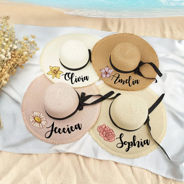 Personalized name birth flower soft brim sun hat, custom straw beach hat, Mother's Day gift