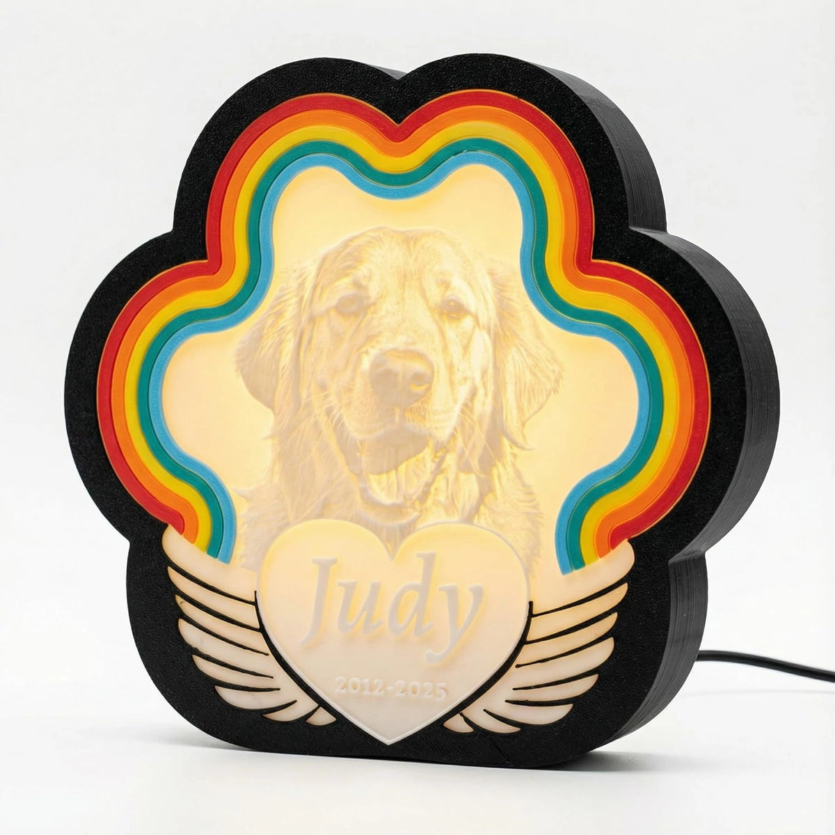 Custom Pet Memorial Night Light – Personalized 3D Printed Dog & Cat Photo Lamp with Rainbow Bridge & Angel Wings – Sympathy Gift for Pet Loss, Warm Bedside Decor, USB Powered (8 x 7.6 Inch)