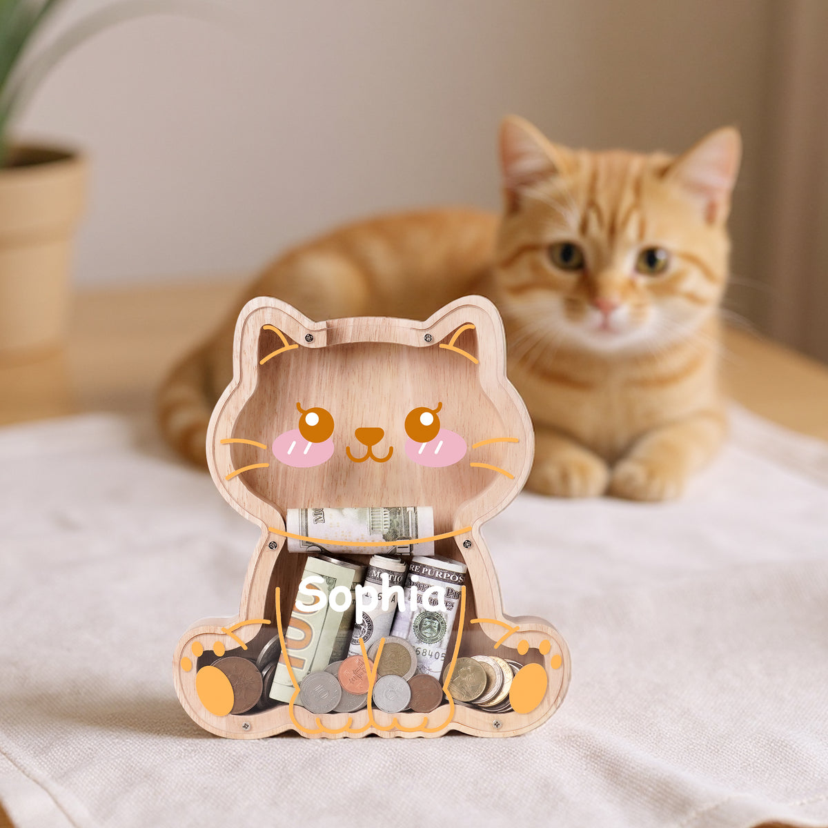 Wooden sitting cat Piggy Banks for Kids