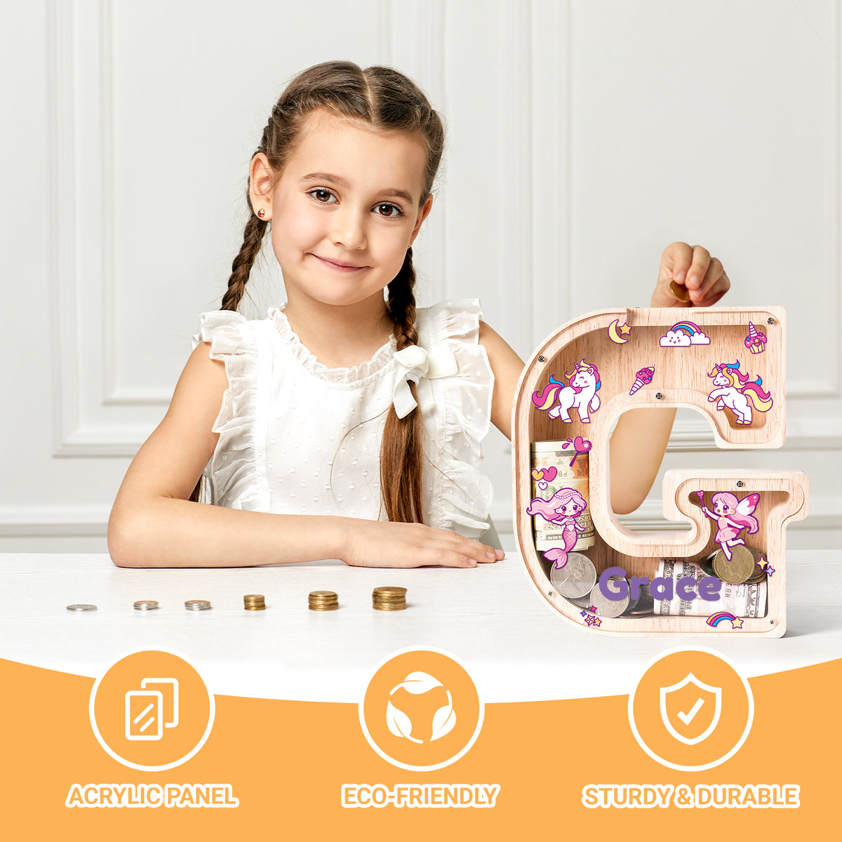 Personalized Wooden Letter Piggy Bank - Colorful Unicorn Style