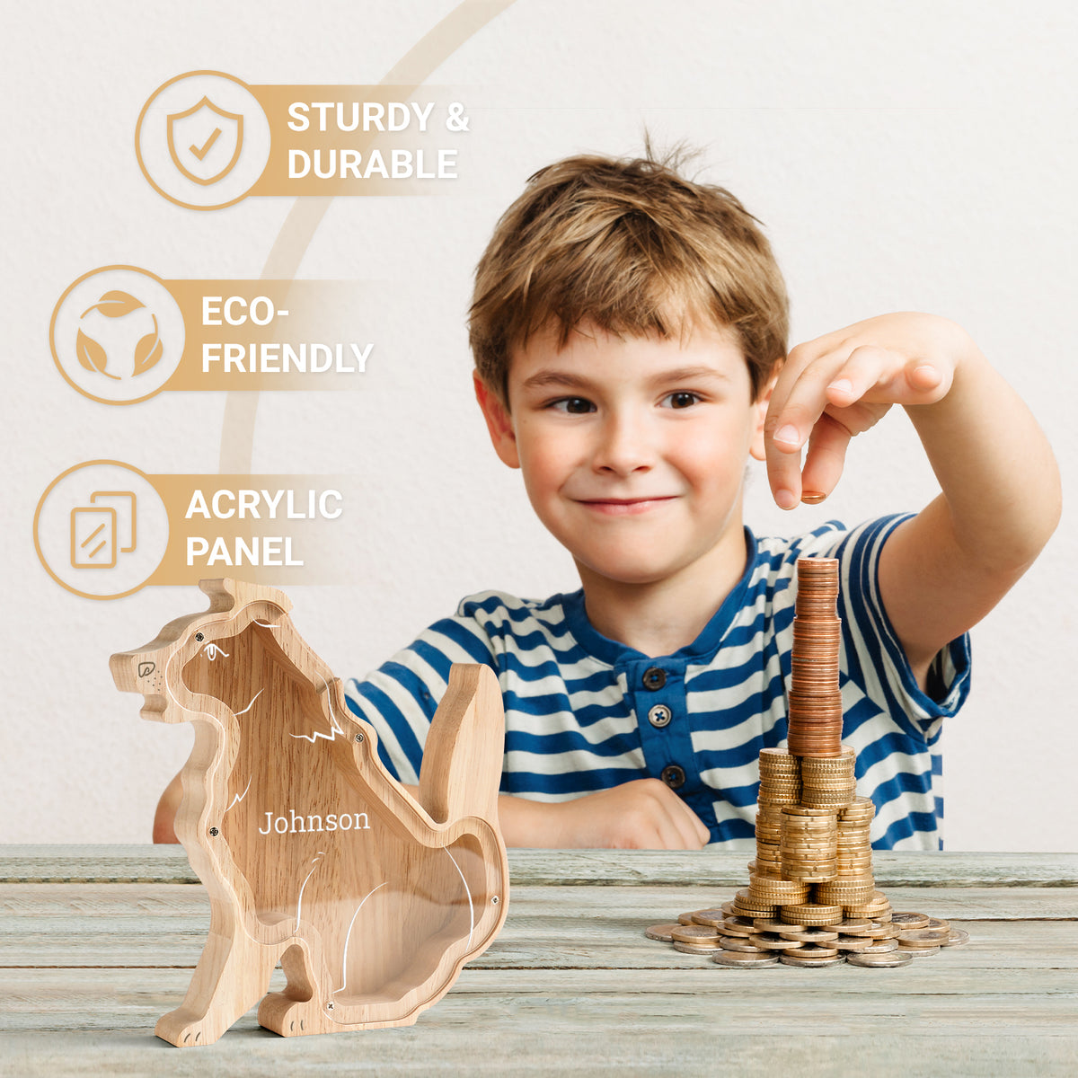 Wooden Dog Piggy Banks for Kids, Personalized Dog Coin Bank with Name, Custom Gifts for Kids Birthday & Decor, Wooden Cashbox Money Jar Educational Toy for Boys Girls