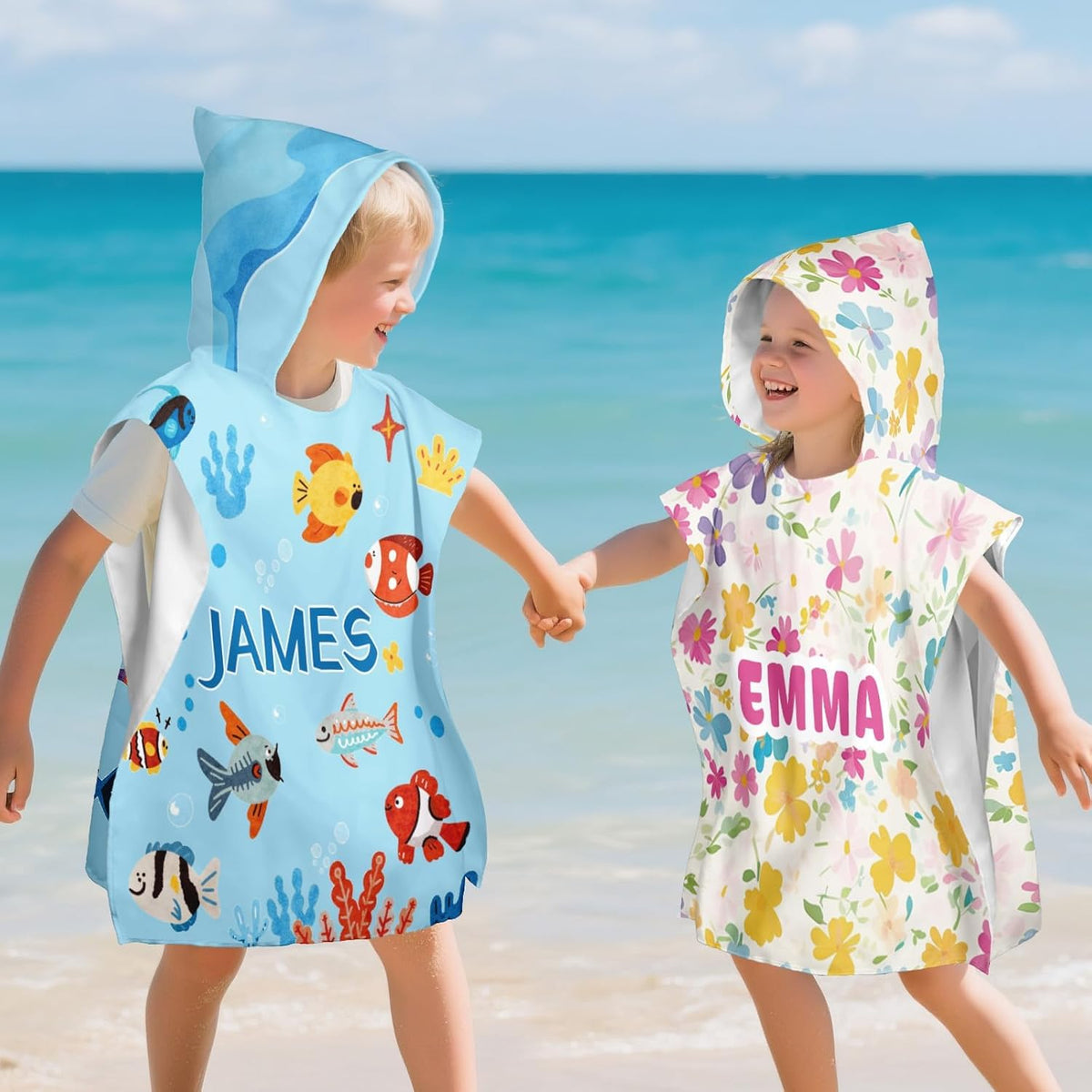 Personalized Kids Hooded Beach Towel for 3-8 Years Girls Boys Pink Flower&Tropical Fish