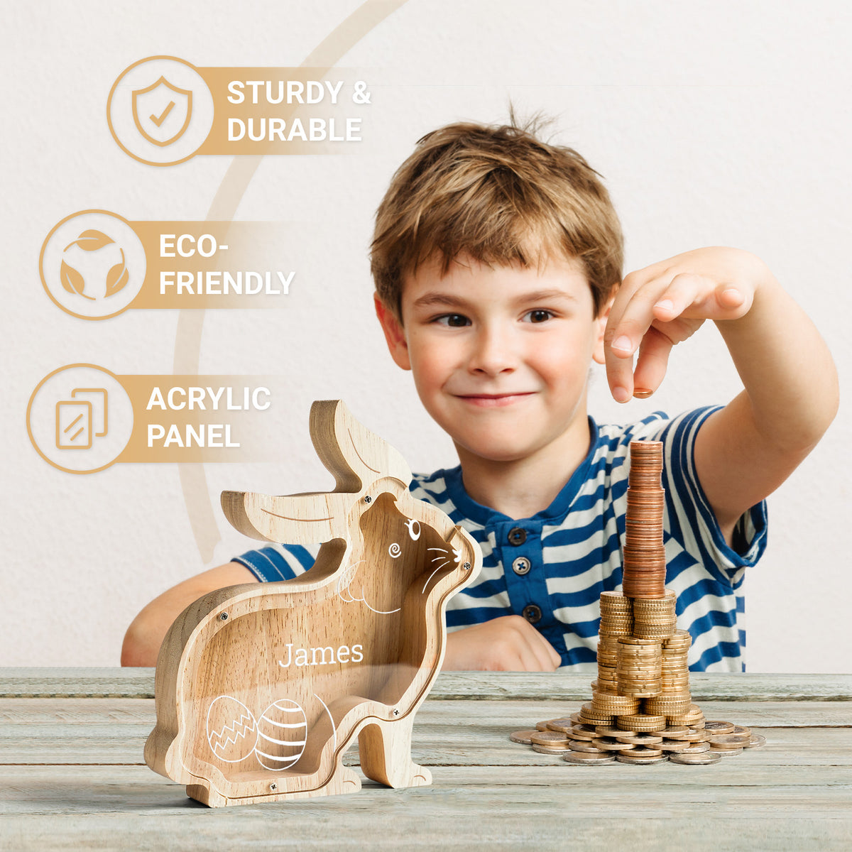 Personalized Wooden Rabbit Piggy Bank - Custom Name, Face & Outfit | Kids' Educational Money Bank (Birthday, Easter, Anniversary Keepsake)