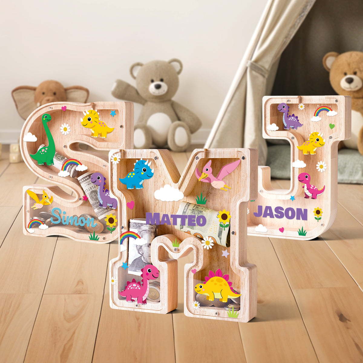 Personalized Wooden Letter Piggy Bank - Colorful Dinosaur Style