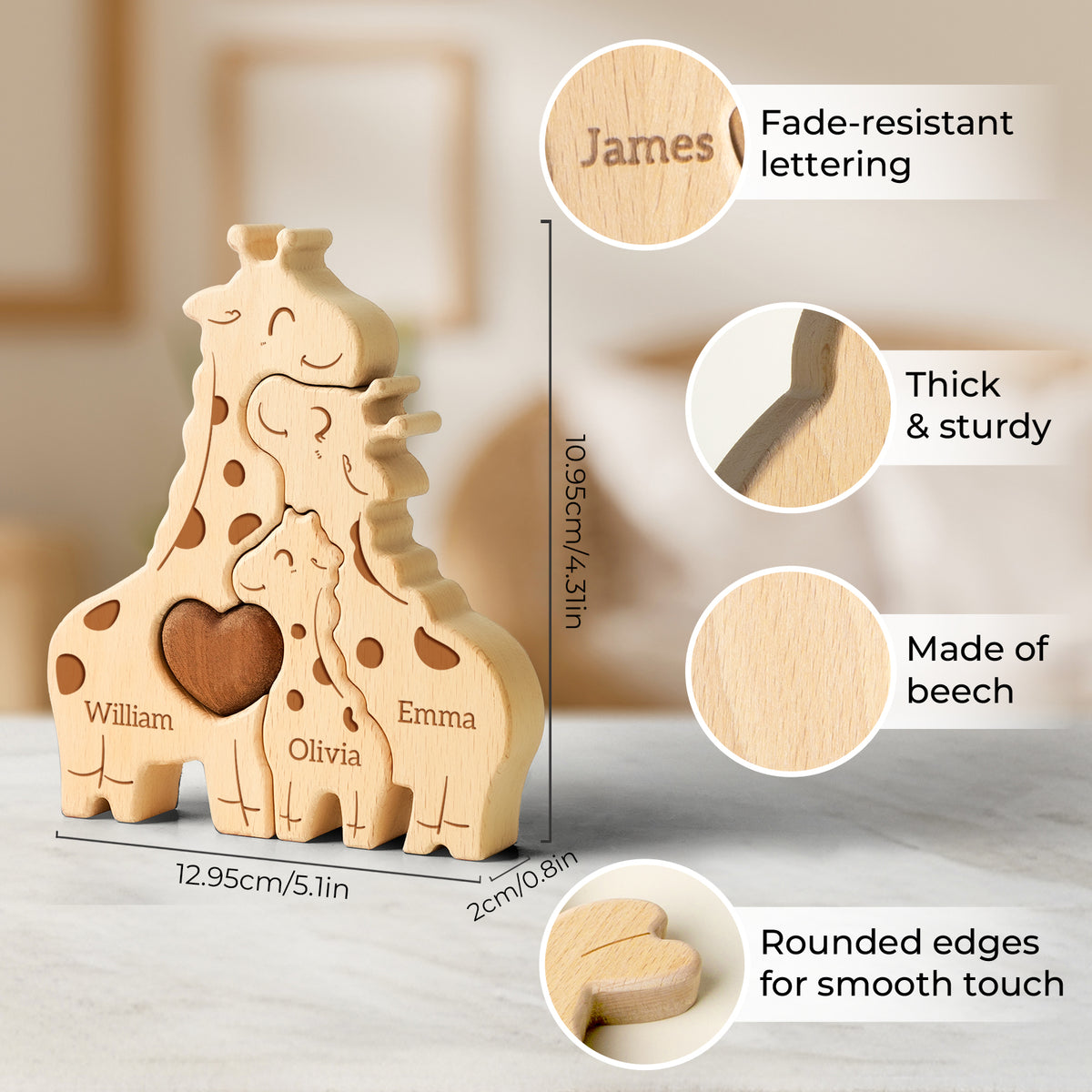 Wooden Giraffes Family Puzzle Personalized with Names
