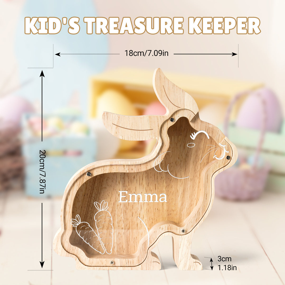 Personalized Wooden Rabbit Piggy Bank - Custom Name, Face & Outfit | Kids' Educational Money Bank (Birthday, Easter, Anniversary Keepsake)