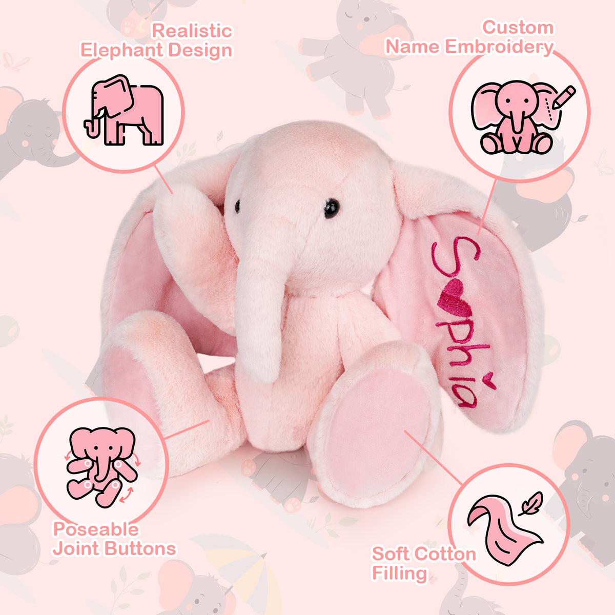 Personalized Elephant Stuffed Animal with Name & Date - Grey/Pink Elephant Toy