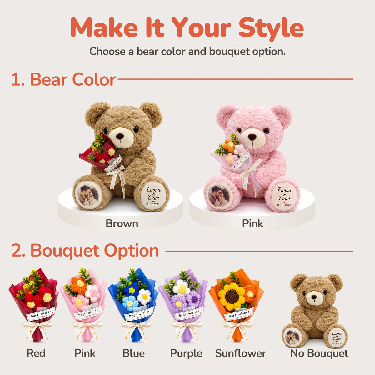 Personalized Photo Teddy Bear with Bouquet Options