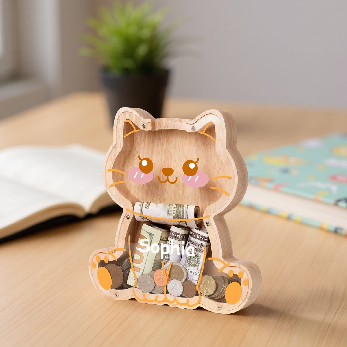 Wooden sitting cat Piggy Banks for Kids