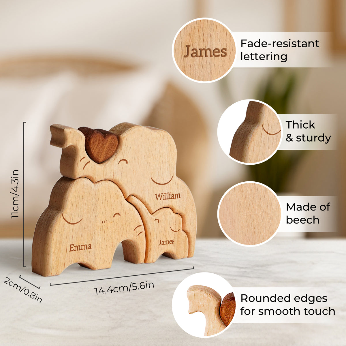 Elephant Family Puzzle, Personalized Wooden Puzzles with 2-5 Family Members Names, Unique Family Decor Wood Sculpture Gifts for Mom Grandma