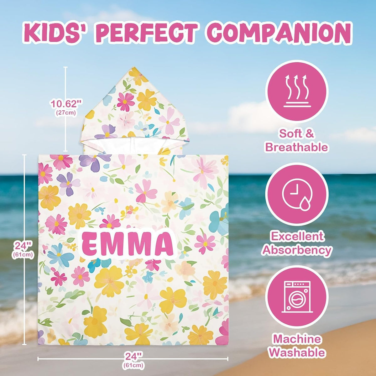 Personalized Kids Hooded Beach Towel for 3-8 Years Girls Boys Pink Flower&Tropical Fish