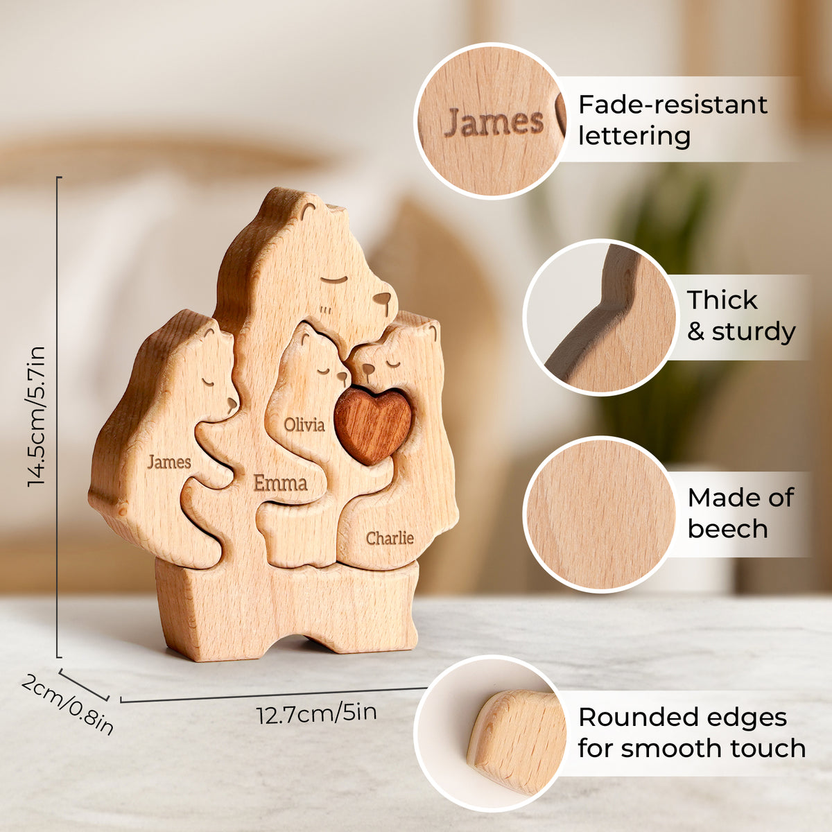 Mommy Bear Family Puzzle, Personalized Wooden Puzzles with Mothers and 1–4 Kids Names