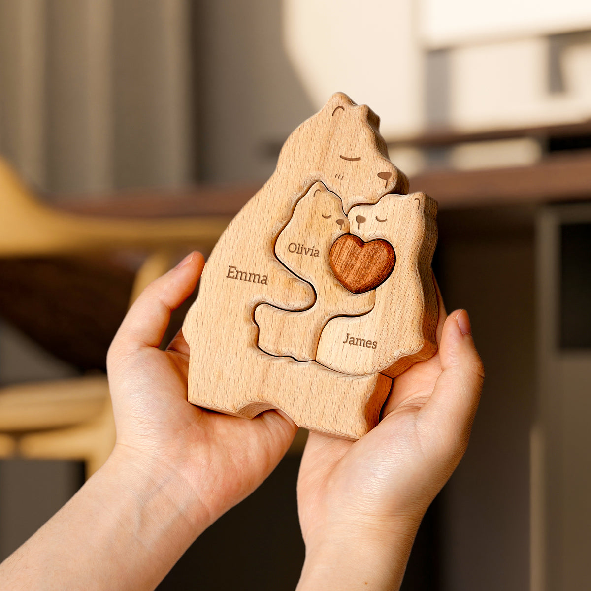 Mommy Bear Family Puzzle, Personalized Wooden Puzzles with Mothers and 1–4 Kids Names