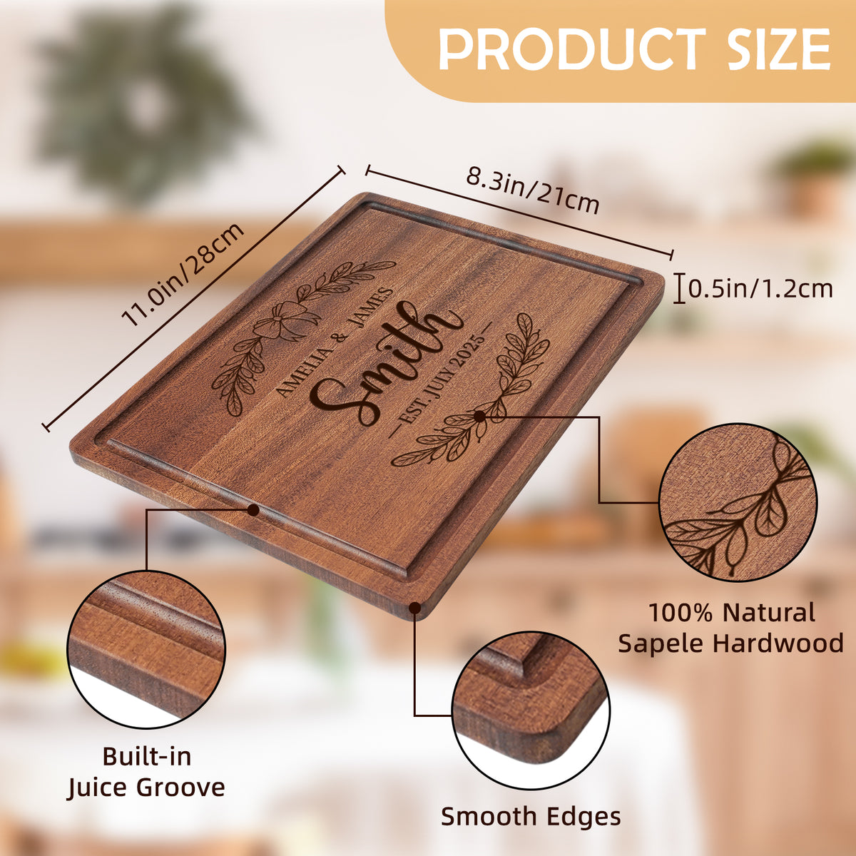 Personalized Wood Cutting Board – Custom Engraved with Names Dates – Gift for Weddings, Anniversaries, Housewarmings. Functional Serving Platter (11x8.3 Inches)