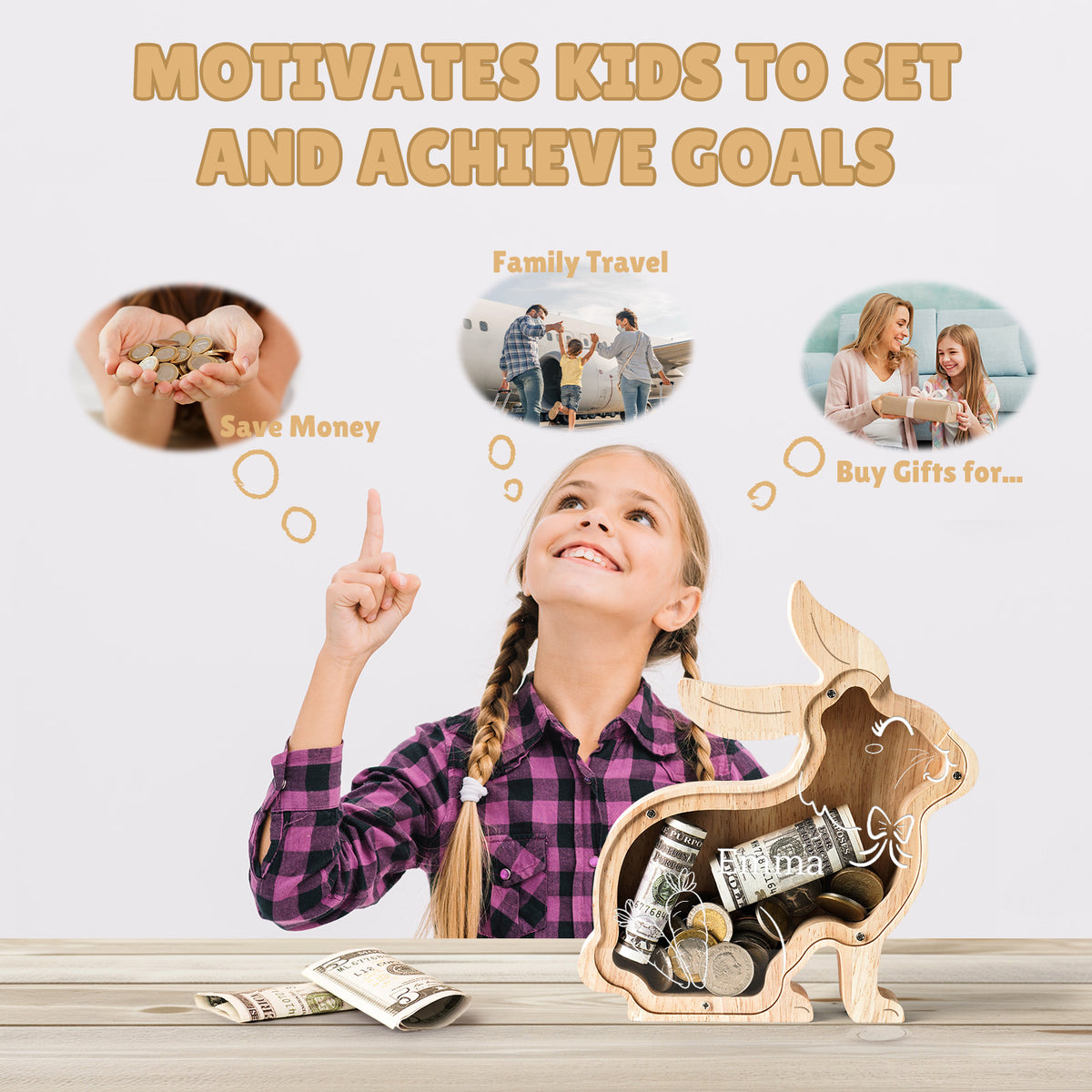 Personalized Wooden Rabbit Piggy Bank - Custom Name, Face & Outfit | Kids' Educational Money Bank (Birthday, Easter, Anniversary Keepsake)