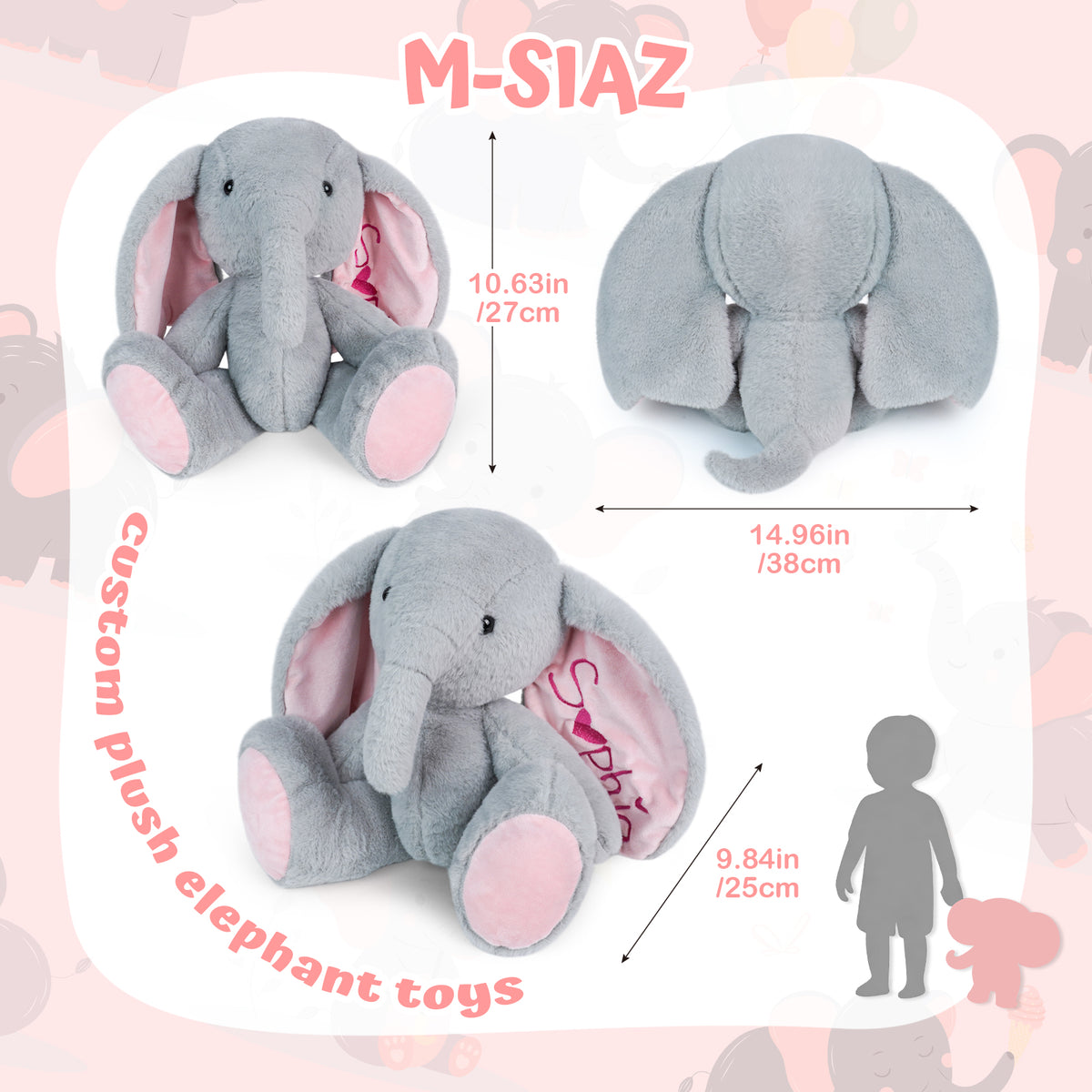 Personalized Elephant Stuffed Animal with Name & Date - Grey/Pink Elephant Toy