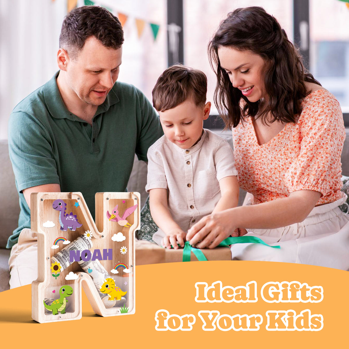 Personalized Wooden Letter Piggy Bank - Colorful Dinosaur Style