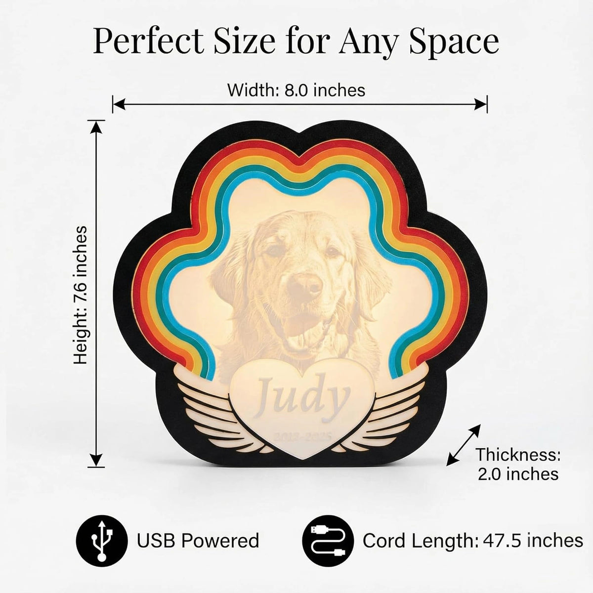 Custom Pet Memorial Night Light – Personalized 3D Printed Dog & Cat Photo Lamp with Rainbow Bridge & Angel Wings – Sympathy Gift for Pet Loss, Warm Bedside Decor, USB Powered (8 x 7.6 Inch)