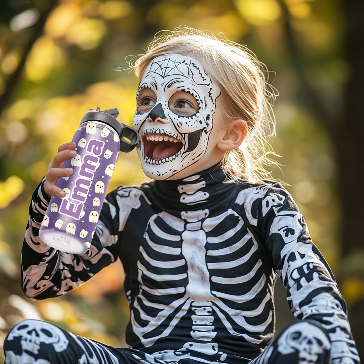 Personalized Halloween Water Bottle w/Name for Kids, 18oz Custom Insulated Sports Waterbottle w/Handle Straw & Lid for Kids, Customized Halloween Gifts for Girls Boys Halloween Decor