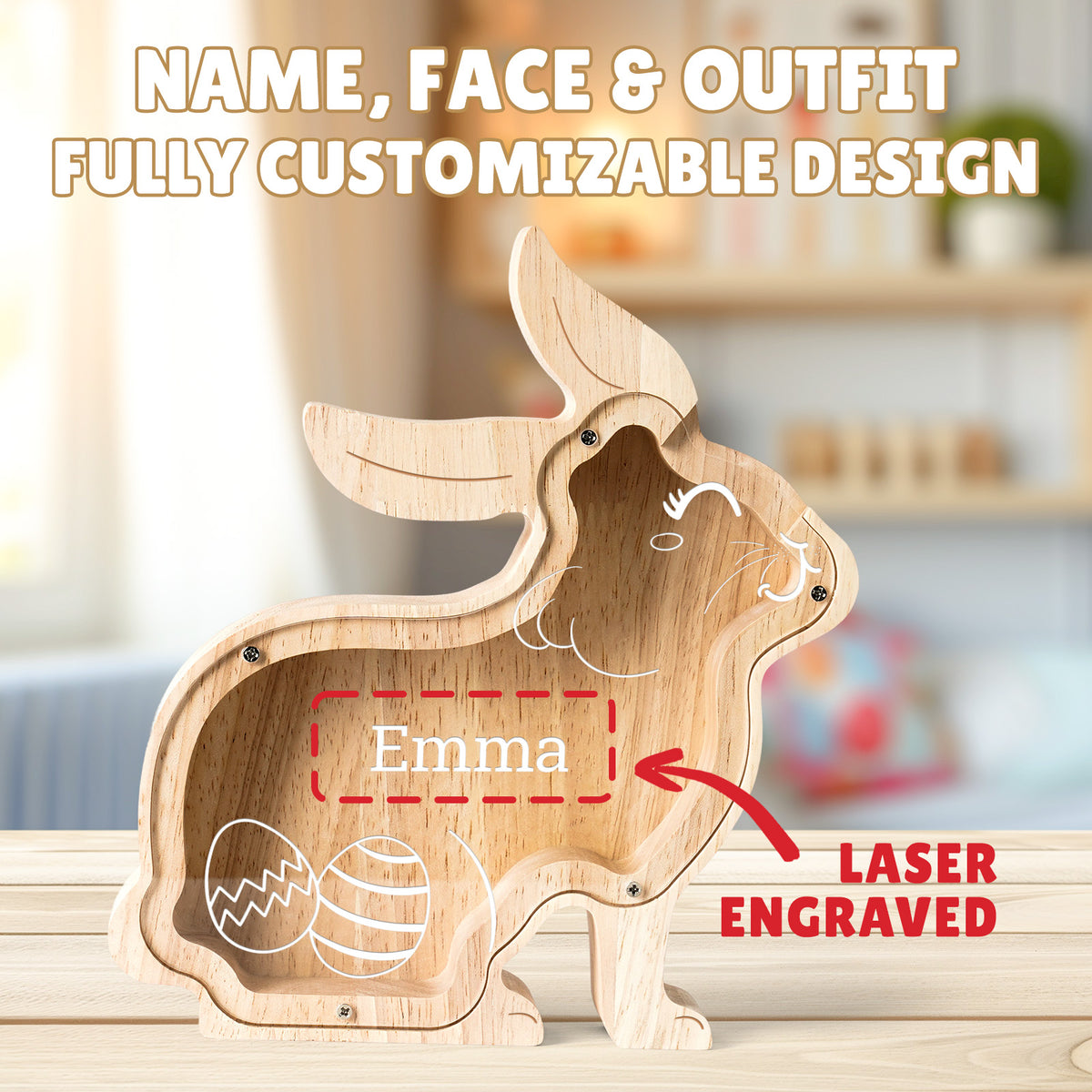 Personalized Wooden Rabbit Piggy Bank - Custom Name, Face & Outfit | Kids' Educational Money Bank (Birthday, Easter, Anniversary Keepsake)