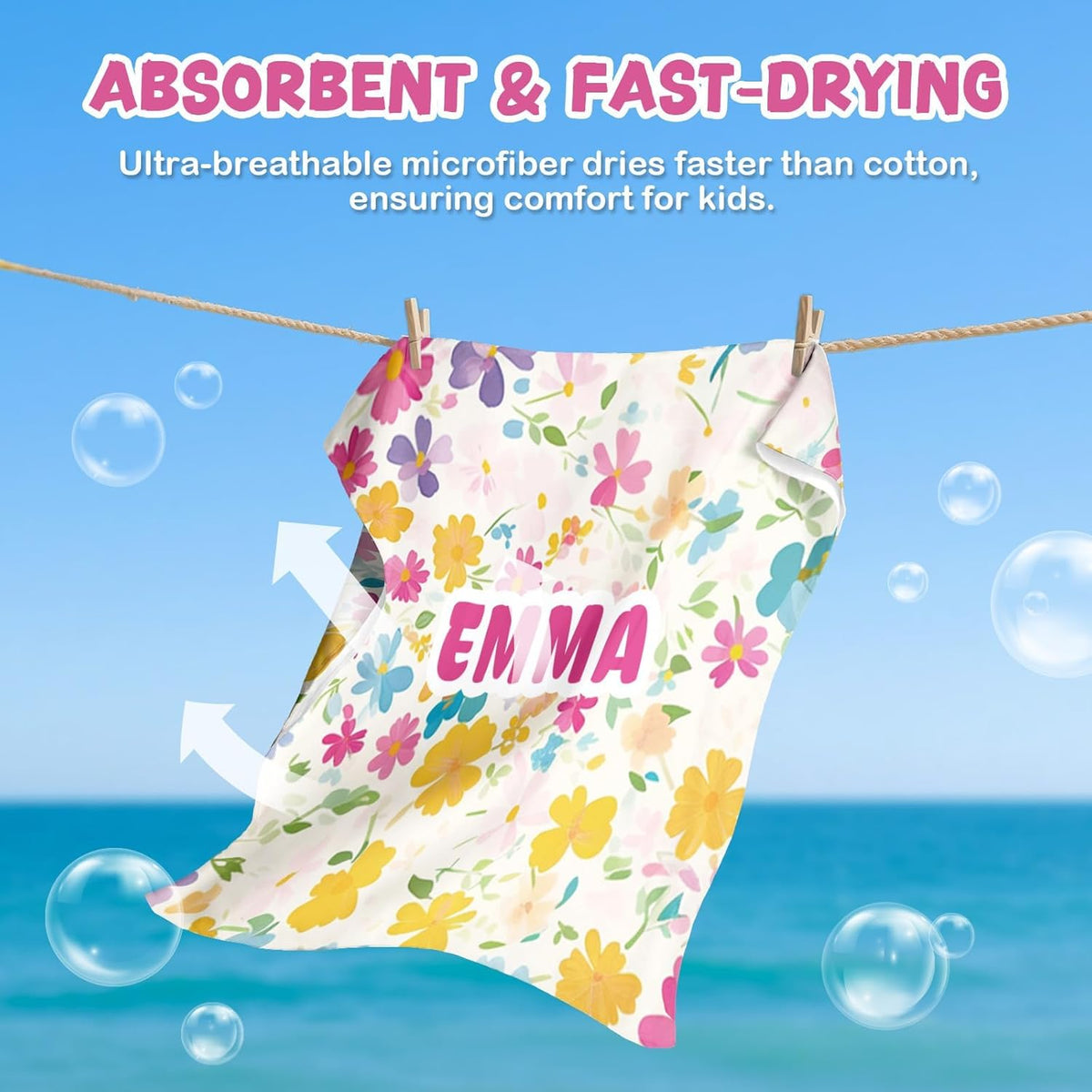 Personalized Kids Hooded Beach Towel for 3-8 Years Girls Boys Pink Flower&Tropical Fish