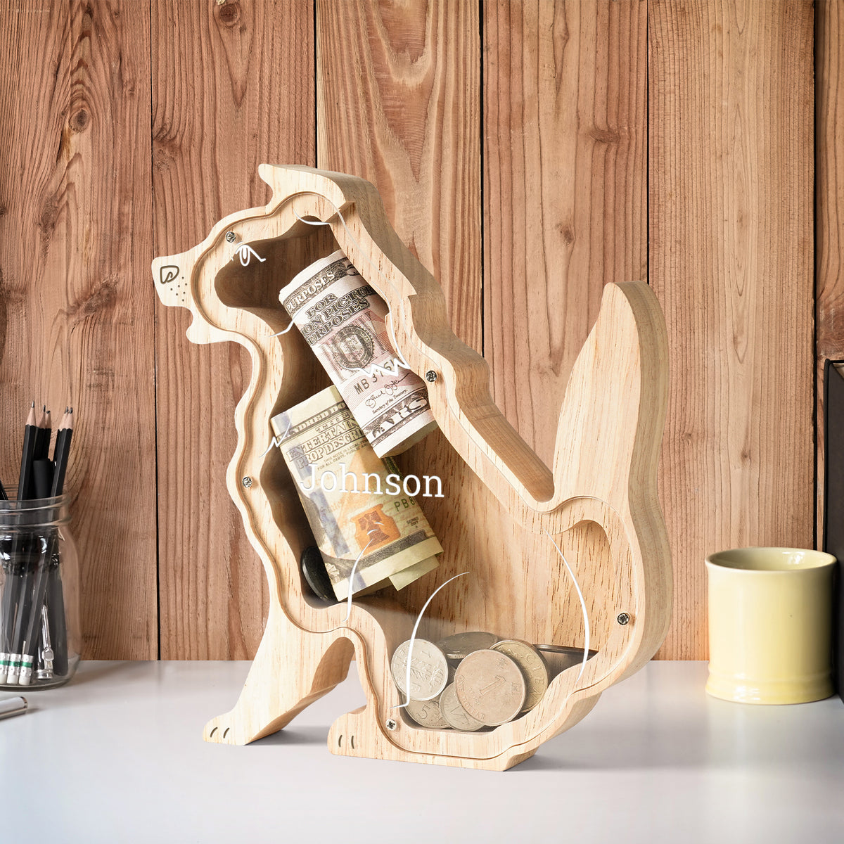 Wooden Dog Piggy Banks for Kids, Personalized Dog Coin Bank with Name, Custom Gifts for Kids Birthday & Decor, Wooden Cashbox Money Jar Educational Toy for Boys Girls