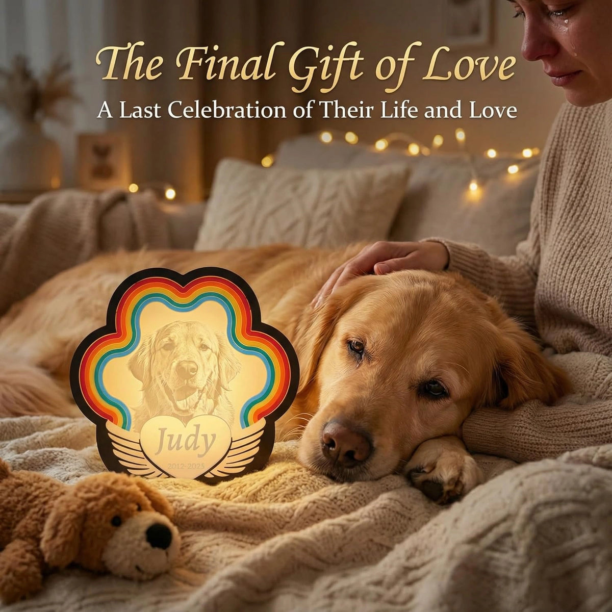 Custom Pet Memorial Night Light – Personalized 3D Printed Dog & Cat Photo Lamp with Rainbow Bridge & Angel Wings – Sympathy Gift for Pet Loss, Warm Bedside Decor, USB Powered (8 x 7.6 Inch)