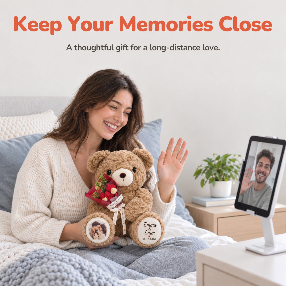 Personalized Photo Teddy Bear with Bouquet Options
