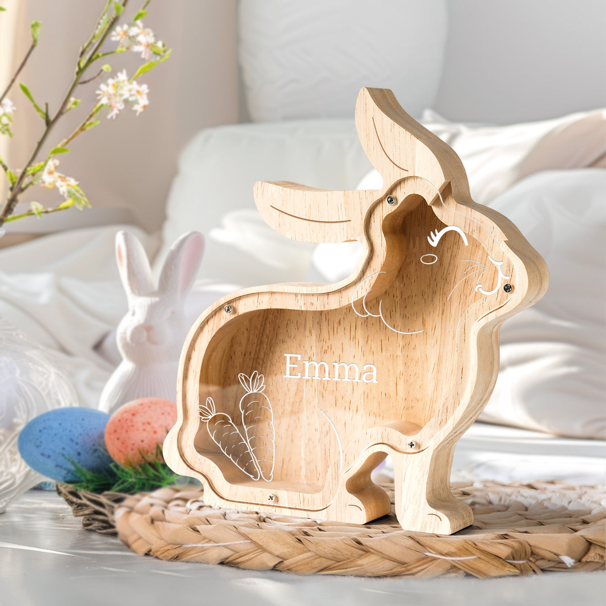 Personalized Wooden Rabbit Piggy Bank - Custom Name, Face & Outfit | Kids' Educational Money Bank (Birthday, Easter, Anniversary Keepsake)