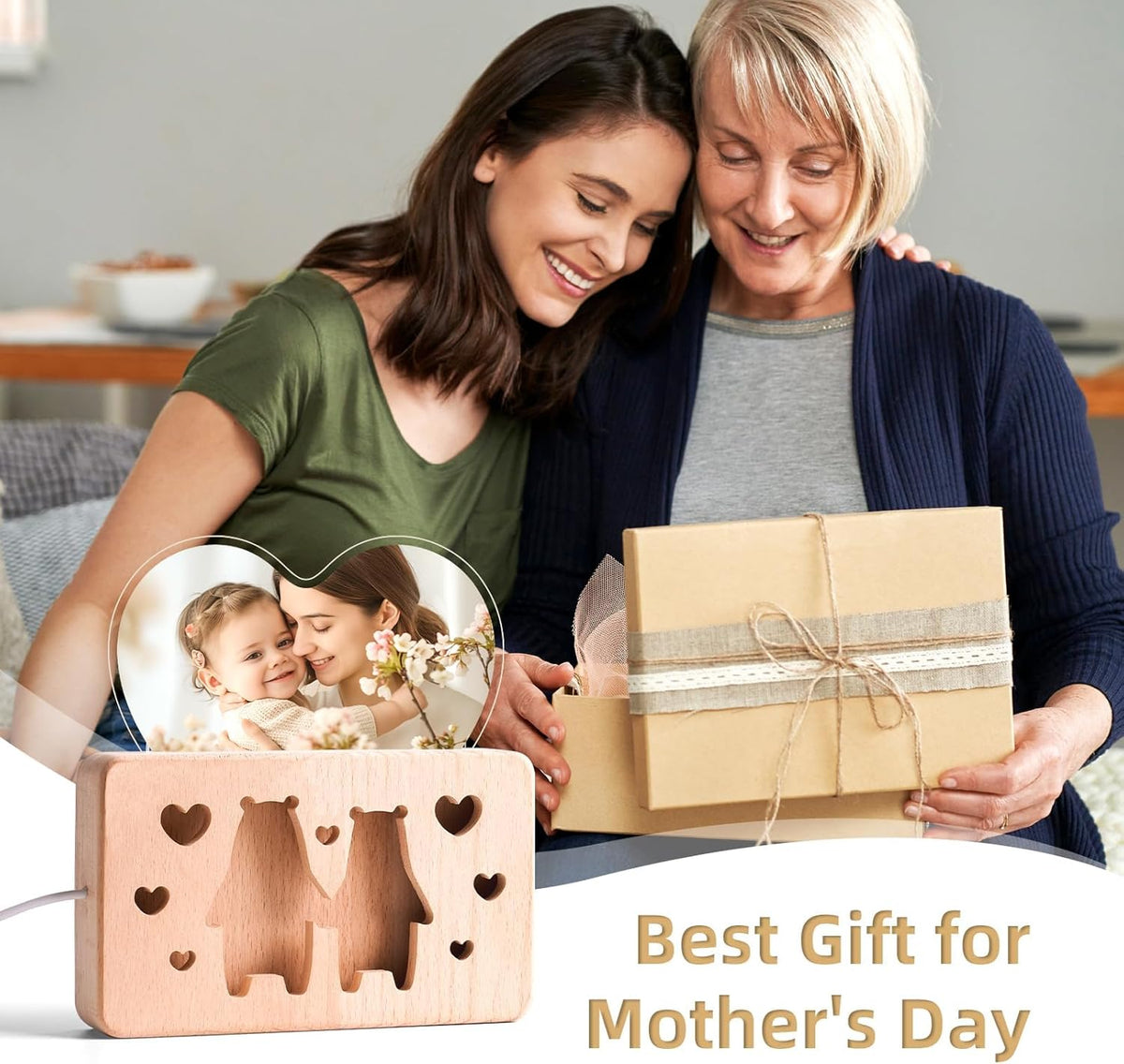 Personalized Mothers Gifts for Mom, Custom Night Light with Photo Frame, Memorial Picture Frames with Customized Wooden Base, Mother's Day Anniversary Birthday Gifts for Mom Kids Couples (Bear)