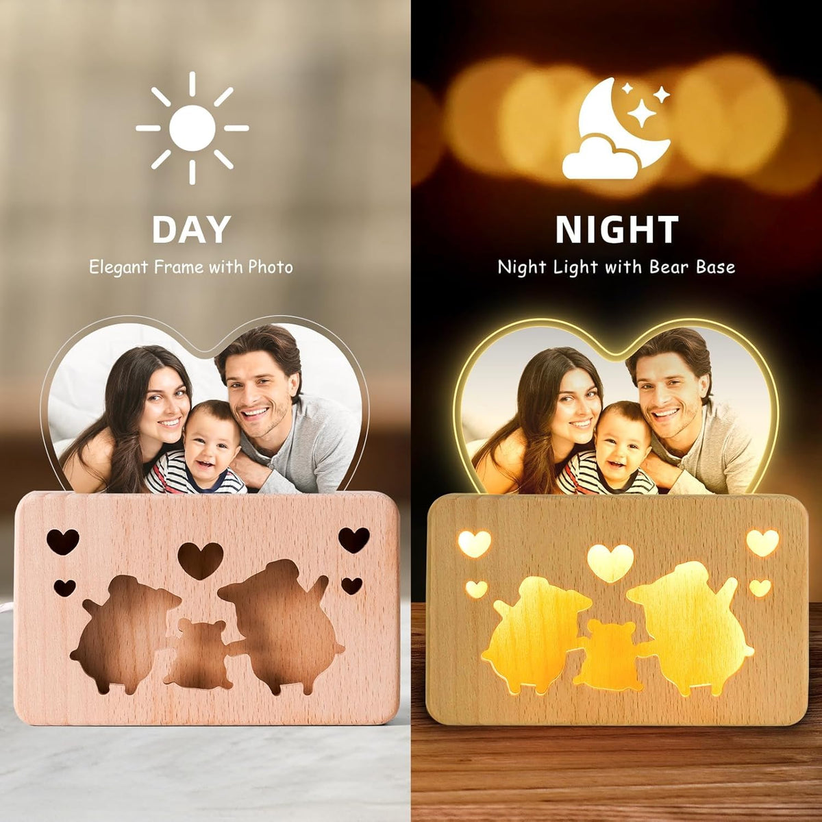 Personalized Mothers Gifts for Mom, Custom Night Light with Photo Frame, Memorial Picture Frames with Customized Wooden Base, Mother's Day Anniversary Birthday Gifts for Family Kids Couples (Piggy)
