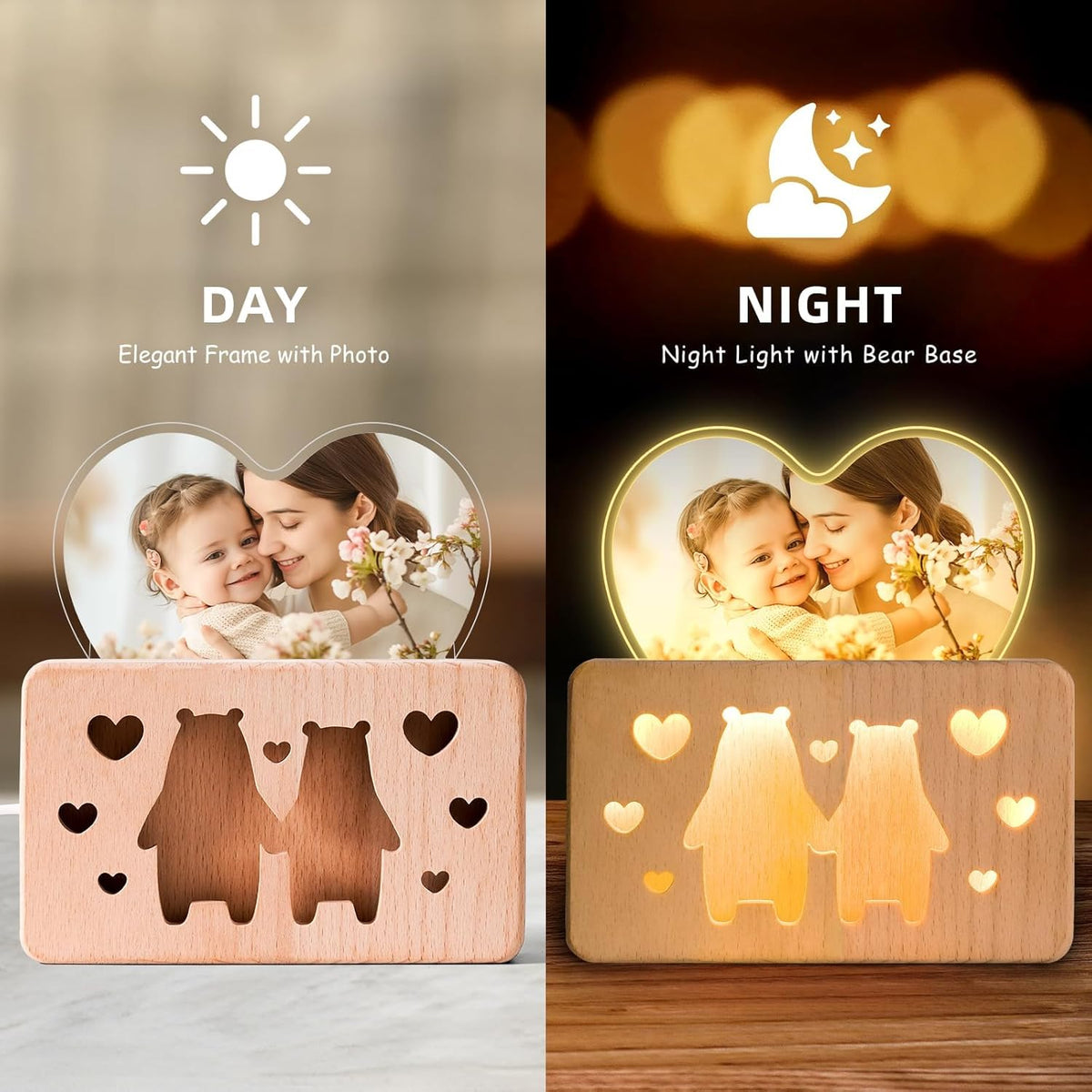 Personalized Mothers Gifts for Mom, Custom Night Light with Photo Frame, Memorial Picture Frames with Customized Wooden Base, Mother's Day Anniversary Birthday Gifts for Mom Kids Couples (Bear)