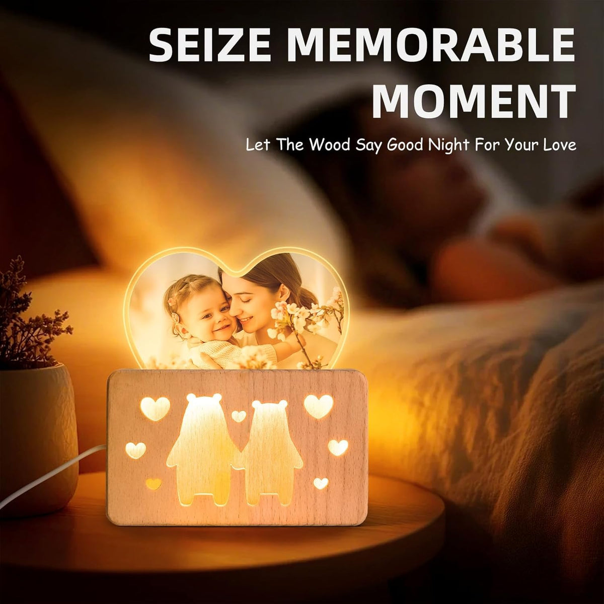 Personalized Mothers Gifts for Mom, Custom Night Light with Photo Frame, Memorial Picture Frames with Customized Wooden Base, Mother's Day Anniversary Birthday Gifts for Mom Kids Couples (Bear)