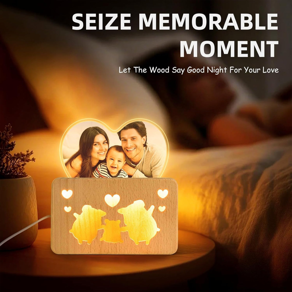 Personalized Mothers Gifts for Mom, Custom Night Light with Photo Frame, Memorial Picture Frames with Customized Wooden Base, Mother's Day Anniversary Birthday Gifts for Family Kids Couples (Piggy)