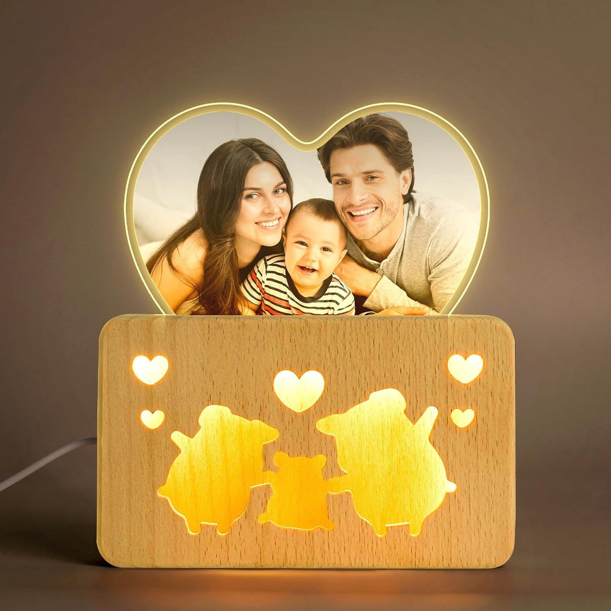 Personalized Mothers Gifts for Mom, Custom Night Light with Photo Frame, Memorial Picture Frames with Customized Wooden Base, Mother's Day Anniversary Birthday Gifts for Family Kids Couples (Piggy)