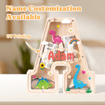 Personalized Wooden Letter Piggy Bank - Colorful Dinosaur Style
